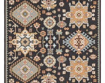 Hand Knotted Tribal Rug, Dark Charcoal Area Rug, Geometric Style Carpet, Blue Multicolor Rug, Vintage Boho Living Room Decor