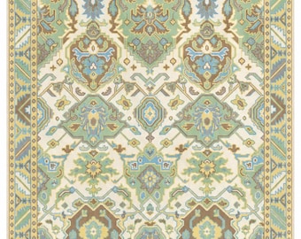 Hand Knotted Turkish Rug, Vintage Floral Area Rug, Blue Green Cream Oriental Carpet, Traditional Boho Living Room Bedroom Decor