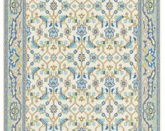 Hand Knotted Turkish Rug, Floral Oriental Area Rug, Cream Blue Traditional Carpet, Vintage Style Bedroom Living Room Decor