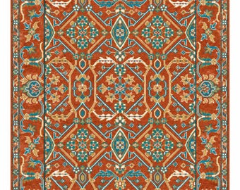 Hand Knotted Turkish Rug, Rust Red Oriental Area Rug, Traditional Wool Carpet, Geometric Floral Rug, Style Boho Decor
