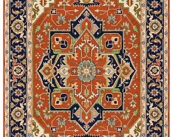 Hand Knotted Turkish Carpet, Red Oriental Area Rug, Traditional Floral Rug, Navy Blue Red Rug, Geometric Handmade Carpet, Living Room Rug