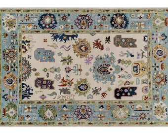 Oushak Wool Rug Ivory Blue: Hand-Knotted, Custom Size Floor Decor