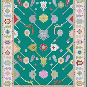Hand-knotted wool rug in floral Turkish Oushak style, 8x10; blue-gray field with teal, rust, and peach blossoms.