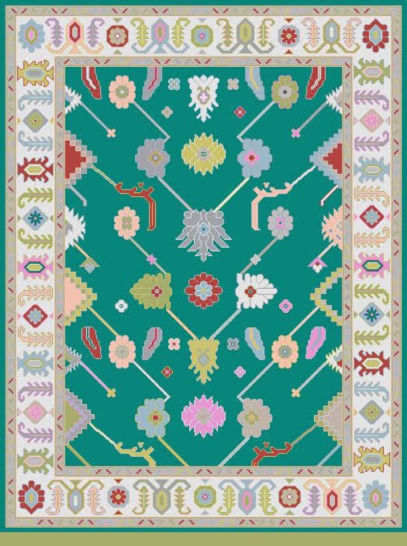 Hand-knotted wool rug in floral Turkish Oushak style, 8x10; blue-gray field with teal, rust, and peach blossoms.