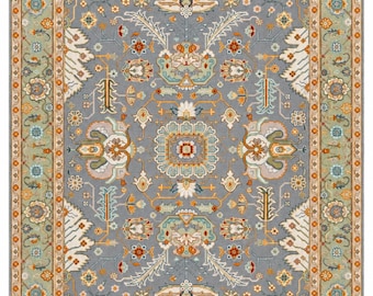 8x10 Hand Knotted Oushak Rug, Blue Gray Area Rug, Floral Style Carpet, Vintage Turkish Rug, Traditional Living Room Decor