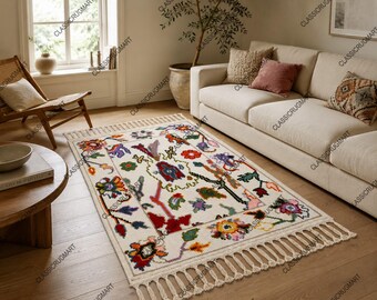 Hand Knotted Oushak Style Wool Rug, White Multicolor Area Rug, Living Room Carpet
