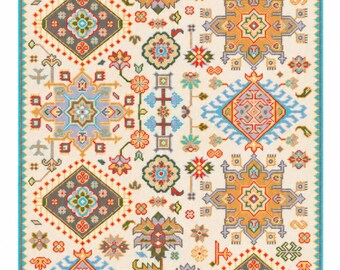 Hand Knotted Oushak Rug, Ivory Area Rug, Colorful Turkish Carpet, Blue Floral Style Rug, Vintage Boho Living Room Decor
