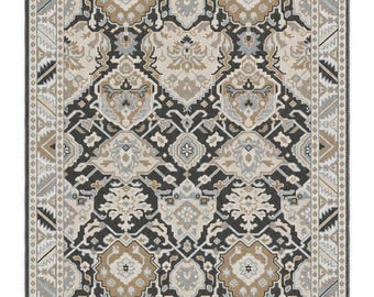 Hand Knotted Turkish Rug, Black Cream Floral Area Rug, Traditional Oriental Carpet, Beige Geometric Rug for Living Room Bedroom