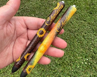 Bolígrafo con purpurina de girasol, bolígrafo con purpurina en espiral, bolígrafo personalizado, bolígrafo de enfermera, bolígrafo de flores, regalo para amantes de los girasoles, bolígrafo de epoxi