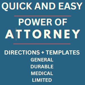 Könnte beinhalten: Eine türkisfarbene Grafik mit weißem Text, der "QUICK AND EASY POWER OF ATTORNEY" lautet. Darunter steht "DIRECTIONS + TEMPLATES" und listet "GENERAL, DURABLE, MEDICAL, LIMITED" auf.