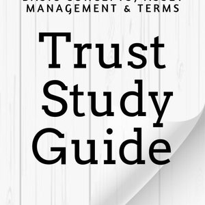 May include: A white wood background with a curled page corner. The page has black text that reads "Trust Study Guide" and "Private Families". The text above the title reads "Basic Concepts, Asset Management & Terms".