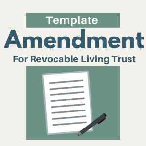 May include: An illustration featuring the words "Template Amendment For Revocable Living Trust" in dark blue and white. A white document with horizontal lines and a black pen are also shown.