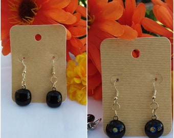 Black fused glass dangling earrings with silver plated links and hook