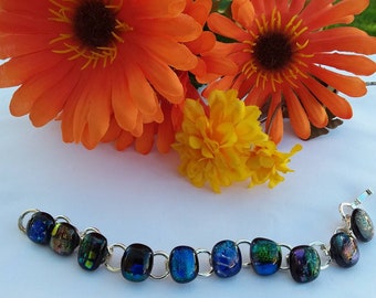 Dichroic Blue Green Cabochon Link Bracelet