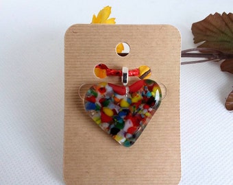 Fused Glass Mosaic Heart Pendant/Necklace (small crushed glass pieces)