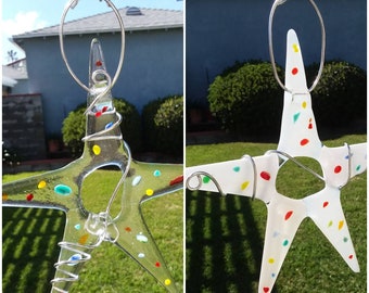 Fused Glass Hanging Star - Clear or White w/mosaic glass dots