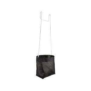 May include: A black mesh produce bag with a metal handle. The bag is cylindrical with a square base. The metal handle is a thin, silver wire that extends above the bag. The bag is designed for carrying fruit and vegetables.