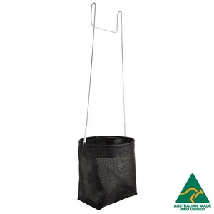 May include: A black hanging laundry bag with a metal hook. The bag is made of mesh material and is designed to be hung from a ceiling or wall.