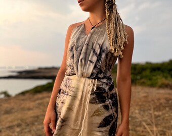 Vestido de seda 100% ecoimpreso, natural, sin espalda, vestido de mujer con aberturas, vestido boho, ecológico, hecho en Italia.