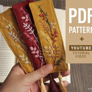 PDF Pattern Bookmark Nature Leaves Hand Embroidery Full Tutorial DIY with DMC Color Code | Digital Download | Stationery Handmade Gift Learn