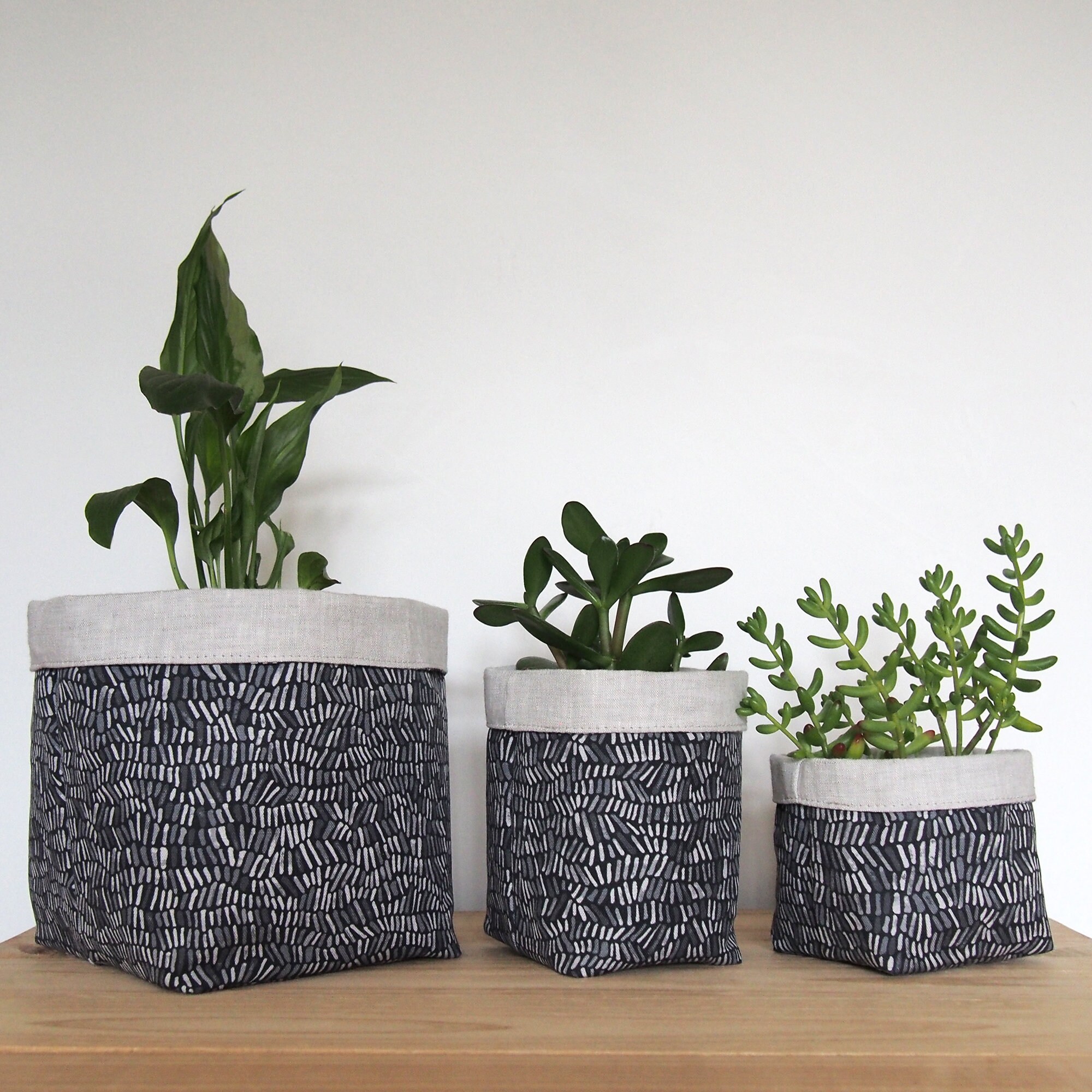 Grey Fabric Pot / Fabric Strorage Pot / Patterned Planter / Etsy