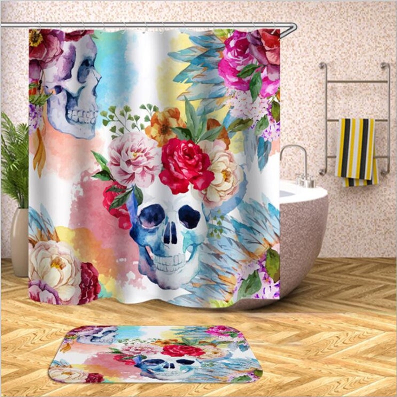 Turquoise Shower Curtain Skull and Flowers Print for Bathroom