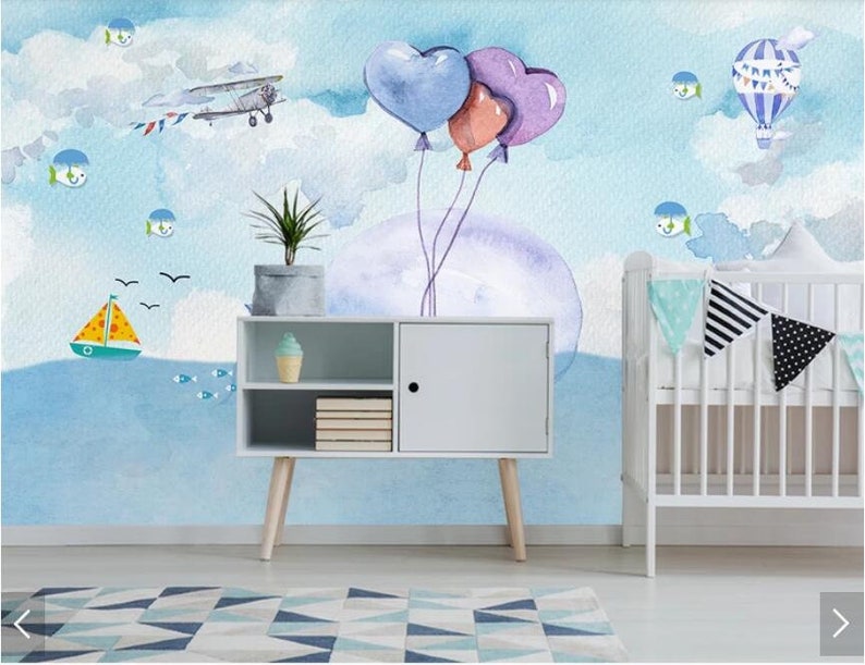 Watercolor Carton Whale Wall Mural Kids Room Wallpaper Murals Waterproof Canvas Mural for Child Room Hand Printed Wall Papers Roll