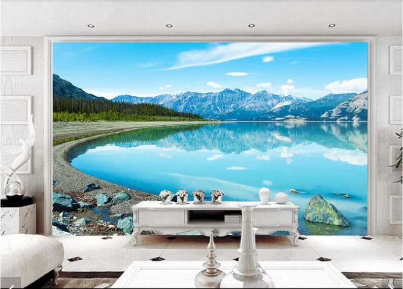 Snow Mountain Blue Lake View 3D Wall Murals Scenery Wallpaper Mural Wall Mural Decal,Printed Photo Wall Papers,Flash Silver Cloth Wallpaper
