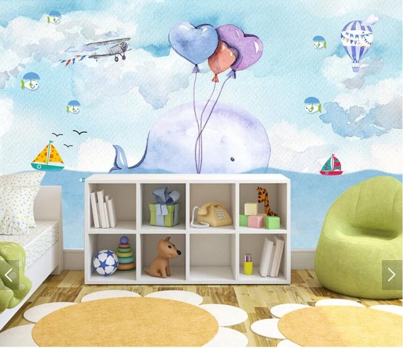 Watercolor Carton Whale Wall Mural Kids Room Wallpaper Murals Waterproof Canvas Mural for Child Room Hand Printed Wall Papers Roll