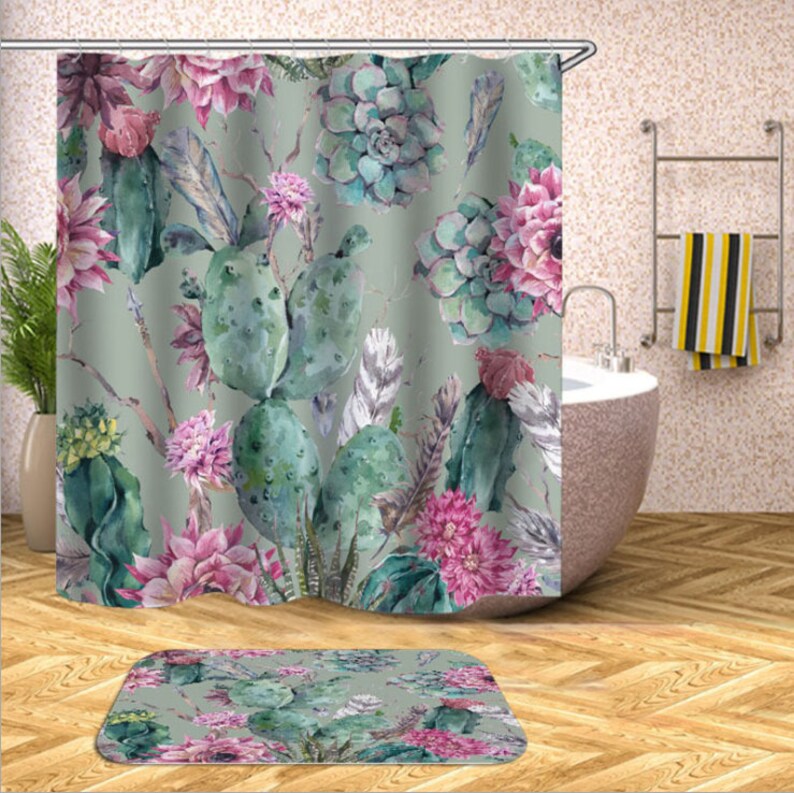 3d Cactus Flower Shower Curtain Bath Mat For Bathroom Fiber Etsy