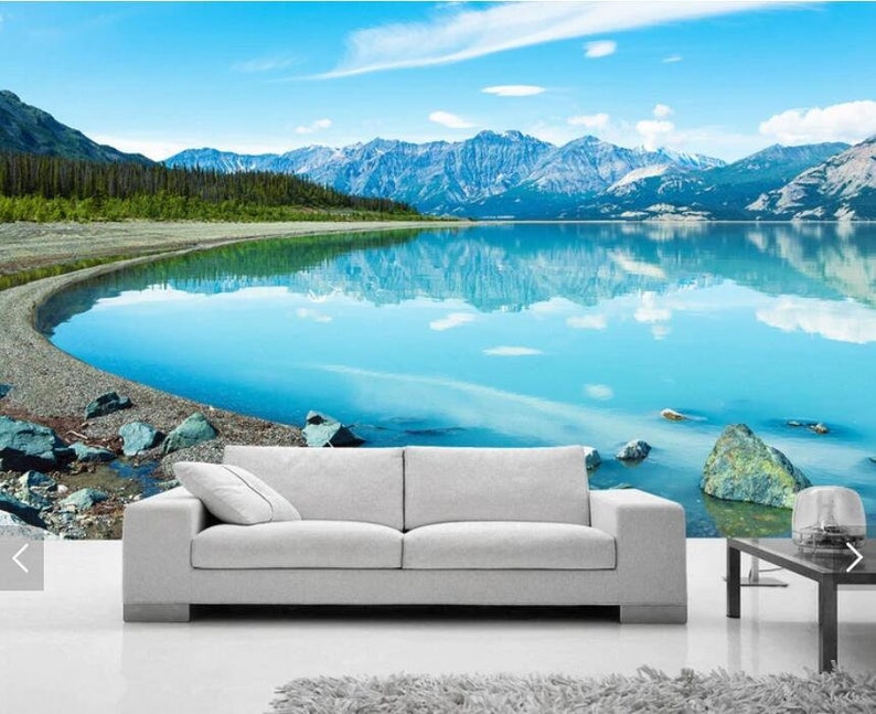 Snow Mountain Blue Lake View 3D Wall Murals Scenery Wallpaper Mural Wall Mural Decal,Printed Photo Wall Papers,Flash Silver Cloth Wallpaper
