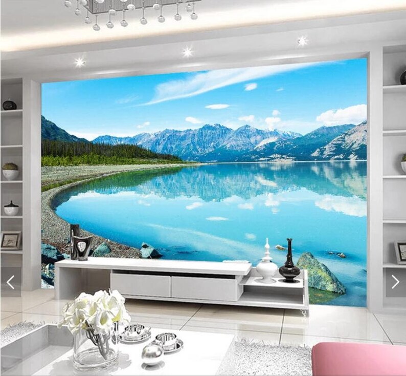 Snow Mountain Blue Lake View 3D Wall Murals Scenery Wallpaper Mural Wall Mural Decal,Printed Photo Wall Papers,Flash Silver Cloth Wallpaper