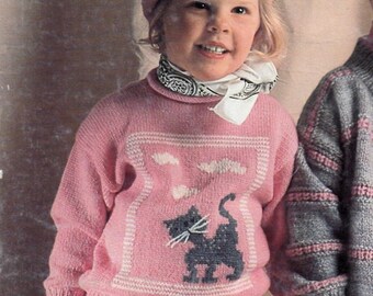 Vintage 80s PDF - Knitting Pattern- Patron Tricot  - Stricken - Breien / Cat Pullover & Hat / Baby-Toddler