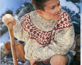 Vintage 90 PDF Patron français TRICOT - Long Pull motifs norvégiens enfant / adolescent 6 à 14 ans - French PDF Knitting pattern