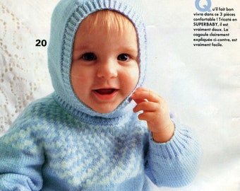 Vintage 80 PDF Patron français TRICOT - trousseau bébé pull pantalon et cagoule - French PDF Knitting pattern