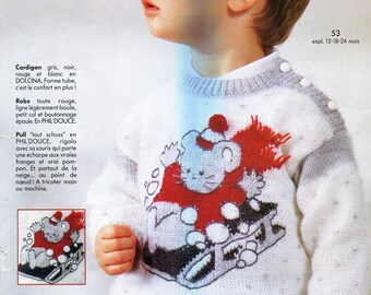 Vintage 80 PDF Patron français TRICOT - Pull bébé /enfant Les Souris font du Ski - French PDF Knitting pattern