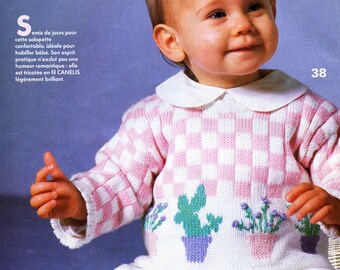 Vintage 80 PDF Patron français TRICOT - pull bébé / enfant damier et plantes en pots - French PDF Knitting pattern