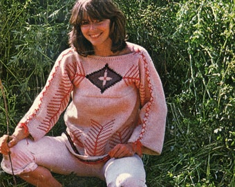 Vintage 70 PDF Patron français TRICOT - Pull tunique Croix Sioux Indiens rouges- French PDF Knitting pattern
