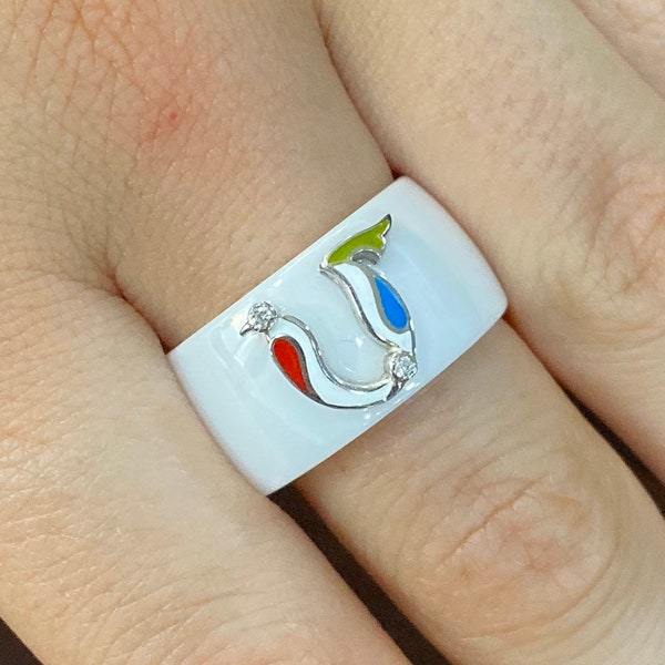 Armenian jewellery Armenian initials ring Ceramic ring with letters Armenian silver jewelry Trchnagir rings Armenian art bird letter ring