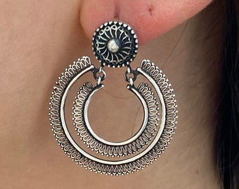 Sterling silver circle earrings Oxidized Silver earrings Circle dangle earrings Filigree round earrings circle filigree earrings