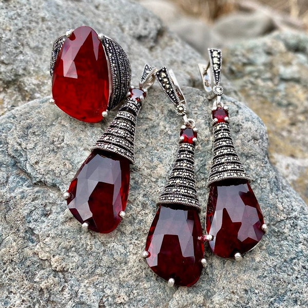 Dark red dangle earrings Long red earrings  Long red drop earrings Sterling silver red drop earrings Red Marcasite jewelry Red Vintage
