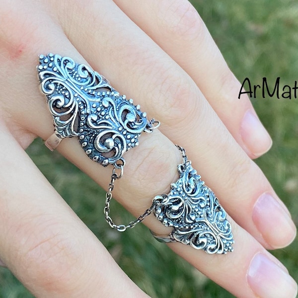 Double chain ring Full finger filigree ring Double articulated ring Sterling Silver shield ring Silver armor ring Slave ring Double ring