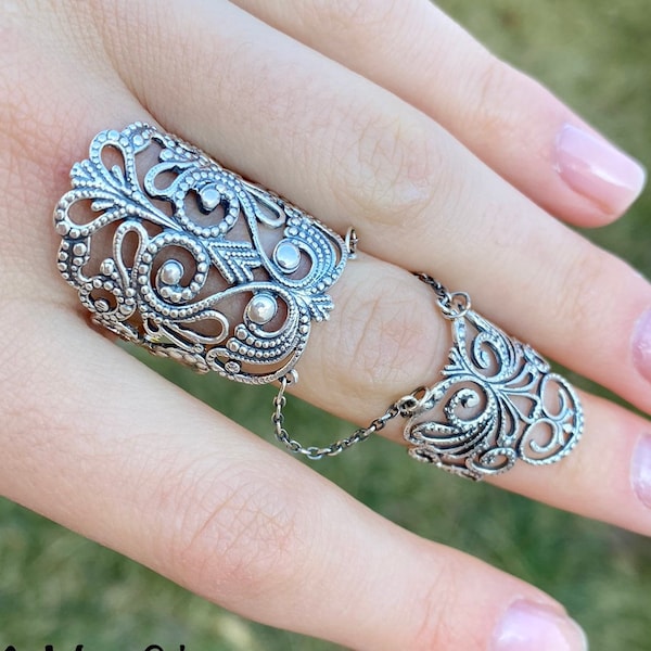 Double ring Full finger ring silver Filigree double ring articulated full finger ring Chain ring Knuckle ring Armor ring Joint ring