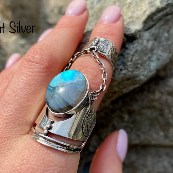 Full finger ring Double chain ring Armor ring Shield ring Chain ring with stone Labradorite double ring Slave ring with genuine stone