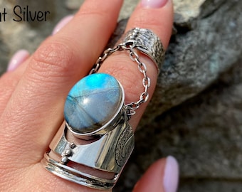 Full finger ring Double chain ring Armor ring Shield ring Chain ring with stone Labradorite double ring Slave ring with genuine stone