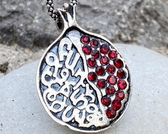 Pomegranate SILVER pendant Armenian ALPHABET pomegranate pendant red zirconia stones Sterling Silver pendant symbol of Family ARMENIAN gift