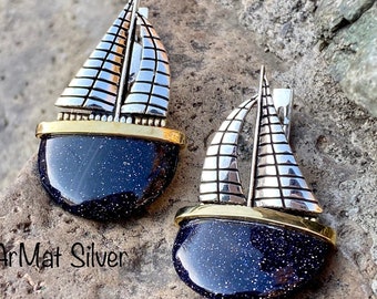 Orecchini a forma di barca a vela, orecchini in avventurina blu, grandi gioielli in avventurina, gioielli pirata, anello con barca, gioielli nautici per l'oceano, gioielli in argento con pietre preziose