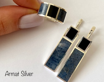 Blue Coral Sterling Silver Dangle Earrings with Black Enamel
