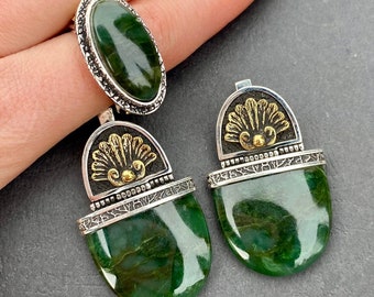 Set di gioielli in giada nefrite: anello e orecchini con grande pietra preziosa verde