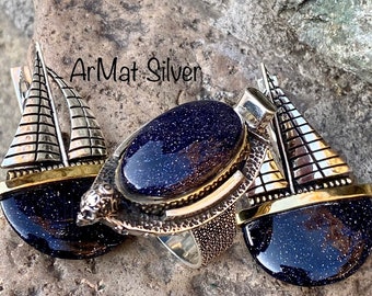 Gioielli in argento e avventurina Grandi orecchini in pietra di avventurina blu Gioielli in barca a vela Gioielli in pietra naturale blu scuro Gioielli da pirata